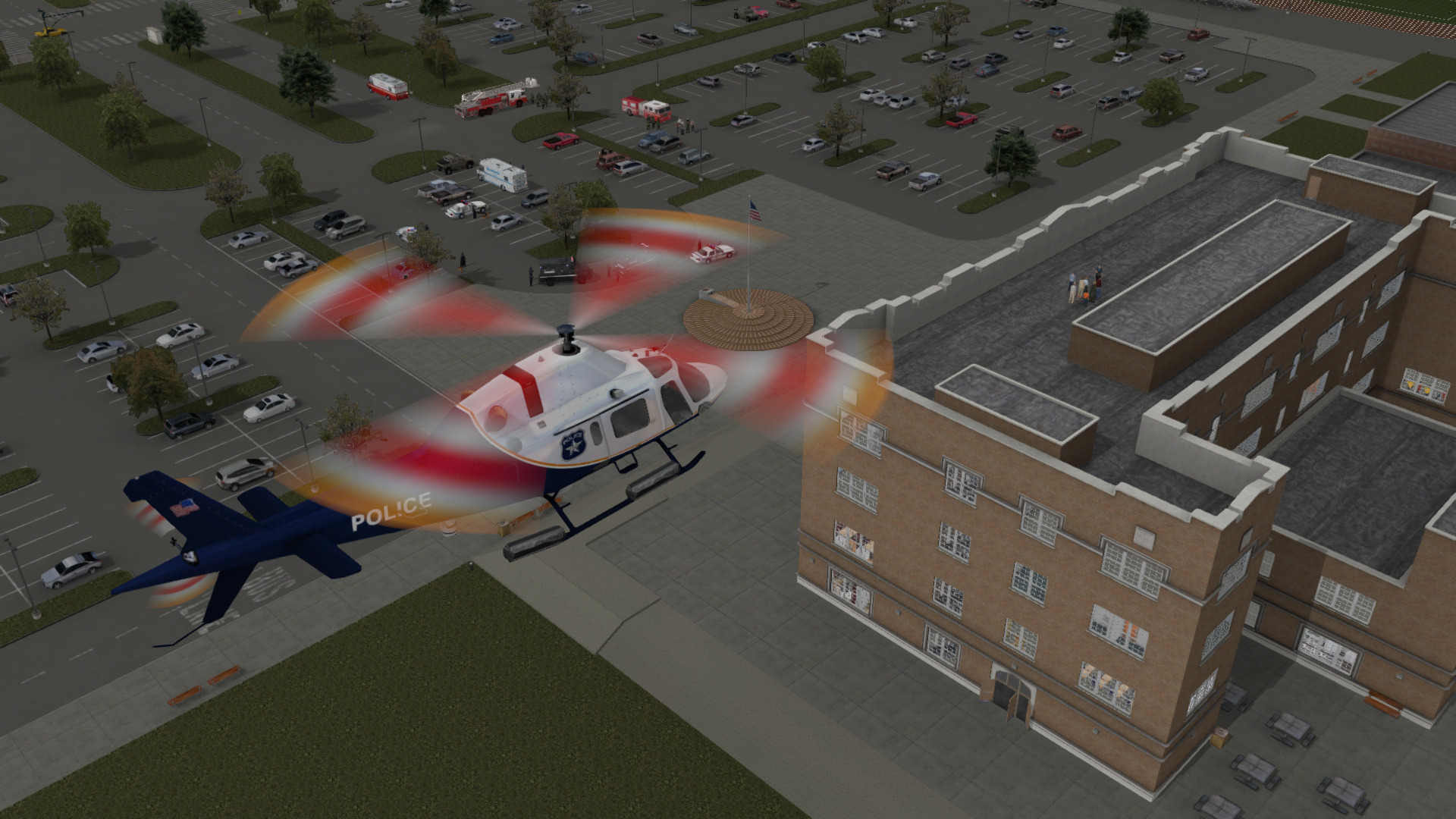 Police helicopter observing a hostage situation on top of a school. The pilot is training together with police on the ground.
